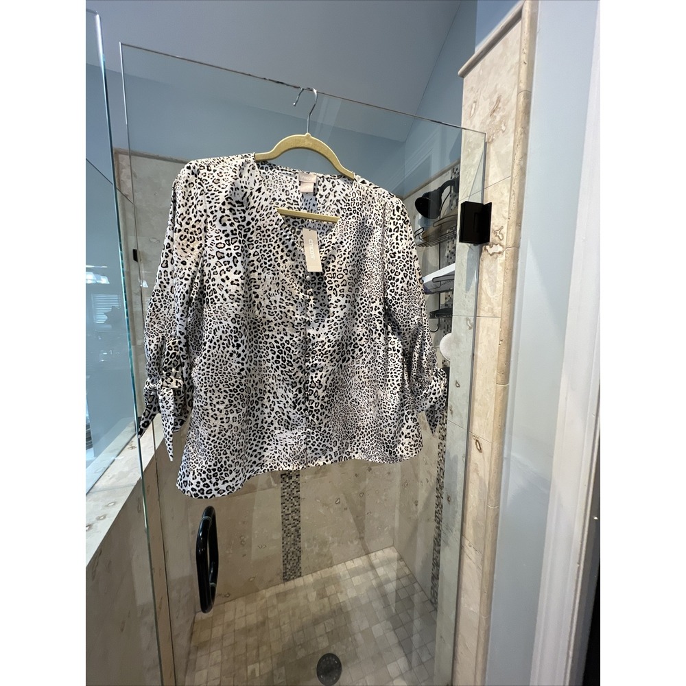 Chico's White Black Leopard Satin 3/4 Sleeve Blouse Petite MP NWT